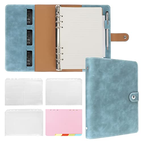 FYY A5 Binder Refillable Planner Notebook 6 Ring PU Leather Binder Journal with Pockets Dividers Refill Paper Blue