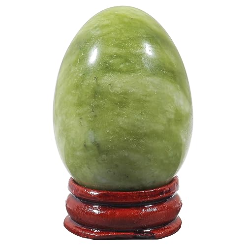 Fekuar Stone Egg Figurine, Polished Healing Crystal Easter Eggs Sphere Sculpture with Wood Stand, Green Jade, 1.8"