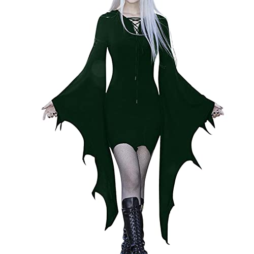 Beokeuioe Fantasia de Halloween para mulher, vestido retro, vestido gótico, manga de morcego, vestido de Halloween, cor preta, minivestido steampunk, vampiro, cosplay, fantasia de bruxa
