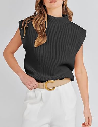 Image of Womens Sleeveless Sweater Vest Mock Neck Tank Tops Casual Cap Sleeve Knit Pullover Summer Clothes