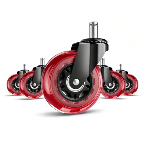 Image of 3 Inch Office Chair Wheels, Set of 5 (Red) | Heavy Duty Replacement Casters for Hardwood Floor & Carpet, Smooth Quiet Roll, Universal 11mm Stem, Non-Marking PU Wheels
