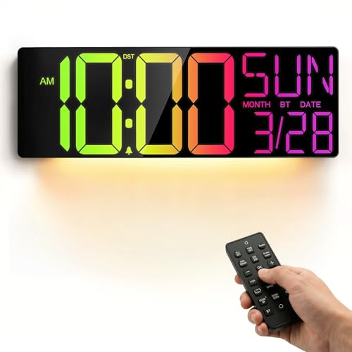 Image of JALL 17.98 inch Large Digital Wall Clock with RGB Lights & Remote, Digital Clock with Bluetooth Sync & DST, Wall Clock with Temperature & Seconds Display, Clocks for Living Room, Seniors