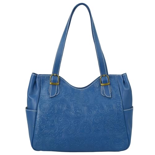Anna by Anuschka Heritage Collection Women's Genuine Leather Shoulder Bag - Floral Embossed Royal Blue