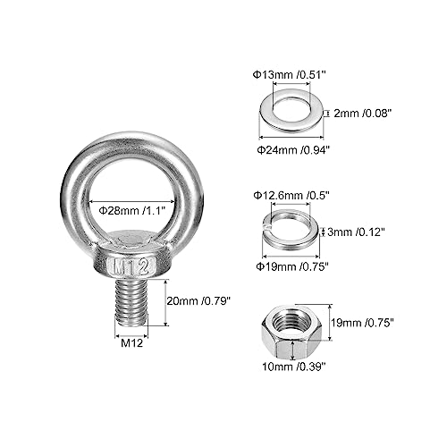 Image of uxcell Lifting Eye Bolt, 2 Sets M12x20mm Eye Bolt with Nut Washer 304 Stainless Steel Shoulder Lifting Ring Eye Bolt for Hanging Item