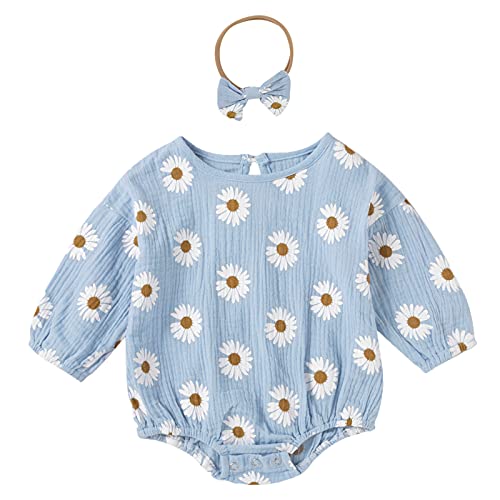 Image of DREAM BUS Newborn Baby Girl Sweatshirt Romper One pieces Long Sleeve Bodysuit Baby Girl linen Jumpsuit With Headband Outfits Clothes(6-9m)