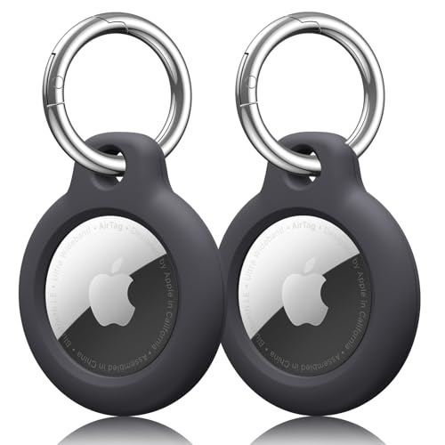 2-Pack Holder for Apple Air Tags with Keychain, Anti-Scratch Shockproof GPS Cover Air-Tag Item Finders Case for Pets, Kids, Luggages (Black)