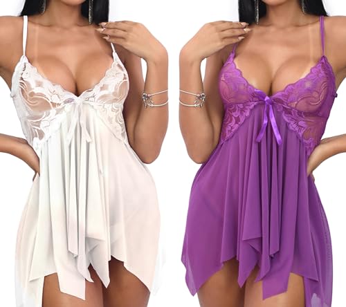 Lingerie Sexy Feminina - Kit 2 Conjuntos de Camisola Sensual com Renda e Laço e Calcinha Fio Dental