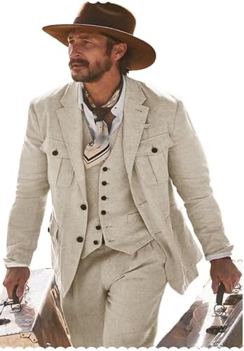 Men Linen Suit 3 Pieces Retro Beach Wedding Set Slim Fit Light Weight Blazer Jacket Vest & Pant Tux