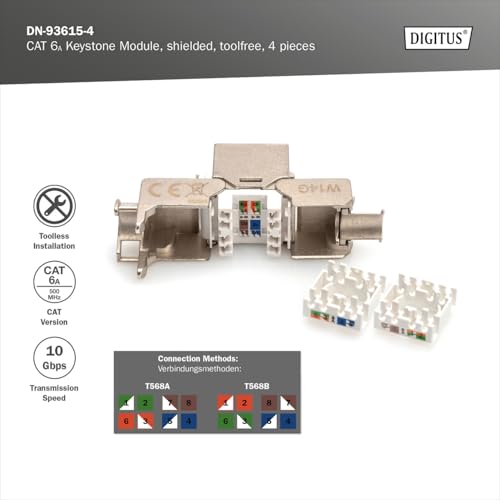 Digitus Modulo Keystone Cat-6A Schermato - 4 Pezzi - Jack RJ45 - 500 Mhz 10Gbase-T - Awg 26-22 - Progettabile - Con Fascetta - Montaggio Senza Attrezzi - 8