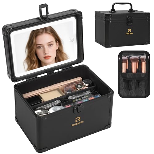 Image of Relavel Makeup Bag with LED Mirror, Travel Cosmetic Train Case with 3 Colors Light up Mirror, Portable Makeup Aritst Storage Organizer Box with Brush Holder, Birthday Gifts for Women and Girls, Black
