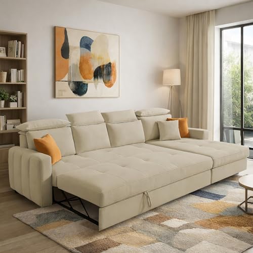 Image of Casaliving Gagnon RHS 6 Seater L Shape Corner Sofa Cum Bed for Living Room (Cream Fabric) Premium Fabric Sofa
