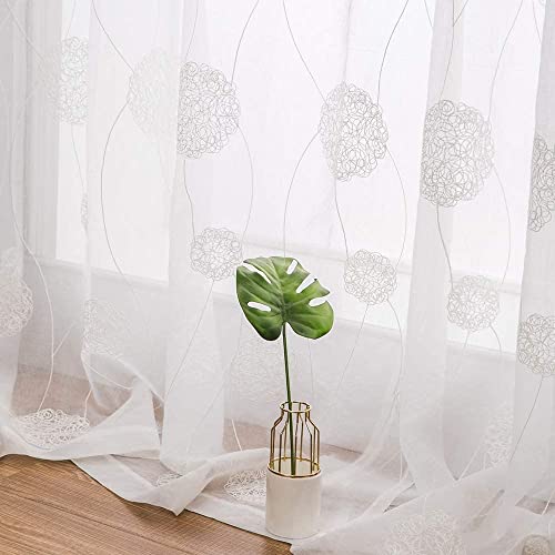 MIULEE Embroidery Sheer Curtains Decoration Flora Design Grommet Window Curtain Semi Voile Drapes with Eyelets Window Treatments for Living Room Bedroom 2 Panels 55" W x 63" L White - Image 4
