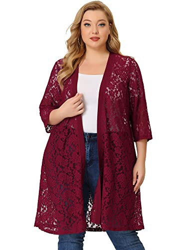 Image of Agnes Orinda Plus Size Cardigans for Women Lace Cardigan Lightweight Crochet 3 /4 Sleeve Cover Up Jacket