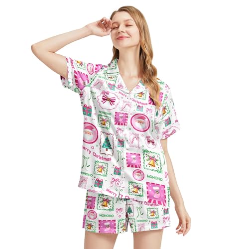 Image of Funny Satin Pajamas Set for Women Button Down Sleepwear Print Pjs Set 2 Piece Short Sleeve Loungewear Gift for Women