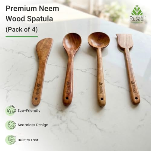 Image of Rusabl Pack of 4 Neem Wood Spatula, Spoonula, Ladle, Turner /Palta Non-Stick | Seamless Design, Heat-Resistant Cookware for Cooking, Baking, Mixing