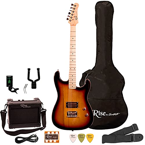 Rise by Sawtooth 3/4 Electric Guitar Beginner Bundle in Sunburst, Includes Amp, Bag, Cable, Tuner, Wall Hanger, Pitch Pipe, Strap, Guitar Picks & Hundreds of Guitar Lessons