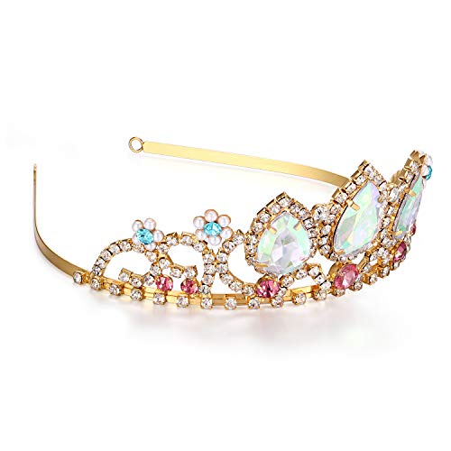 Vinjewelry Girls Birthday Gift Rapunzel Aurora Borealis Stone Sparkle Gold Tiara Halloween Princess Tangled Costume