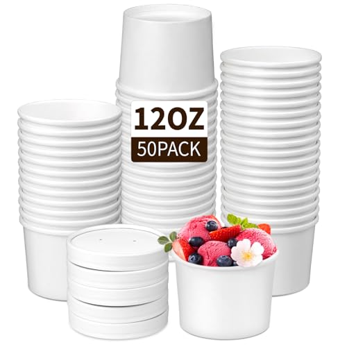 Image of 50 Pack 12oz White Soup Cups with Lids Disposable Paper Ice Cream Cups | Vented Paper Dessert Cups with Lids Hot Soup Cups Microwavable and Freezer Safe To Go Bowls with Lids for Hot, Soup Ice Cream