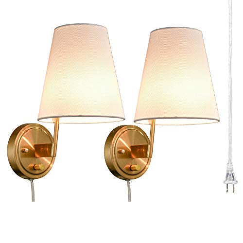 TENGIANTS Fabric Shade Bedside Wall Lamp Set of 2 Plug in Wall Lights Brass Finished for Bedroom Living Room