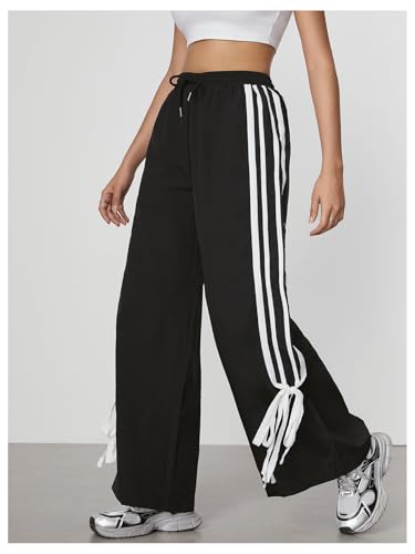 WDIRARA Women's Side Striped Bowknot Track Streetwear Pant Drawstring Waist Wide Leg Long Pants Workout4
