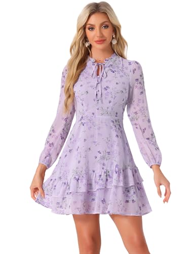 Image of Allegra K Women's Spring Dresses 2026 Tie V Neck Semi Sheer Long Sleeve Layered Tiered Chiffon Mini Floral Dress