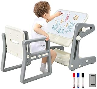 COSTWAY Kids Table and Chair, Drawing Board Study Desk with Adjustable Magnetic Whiteboard, Storage Space, Pens and Eraser, Children Activity Table and Chair Set for Boys Girls (Grey)