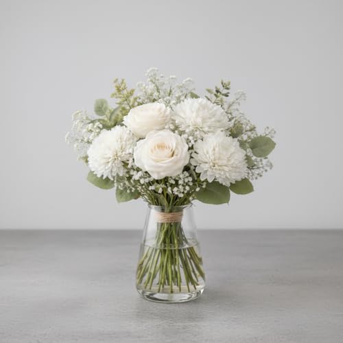 Image of Premium Artificial Flower Bunch - Mum, Rose & Lotus with White Baby Breath | Realistic Fabric Petals | Artificial Flowers for Vase | Home Decoration Items for Living Room & Bedroom | White
