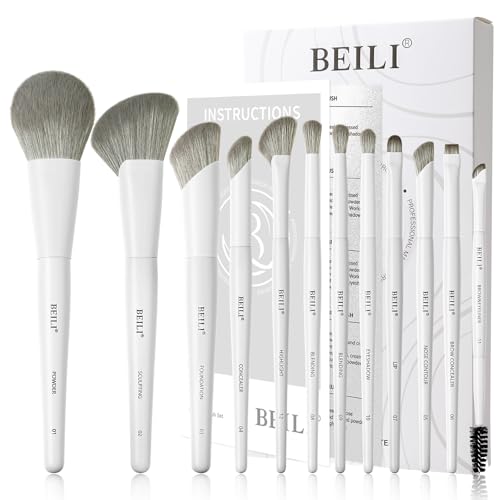 BEILI 12Pcs White Makeup Brush Set, Premium Synthetic Brushes for Foundation, Blending, Eyeshadow...