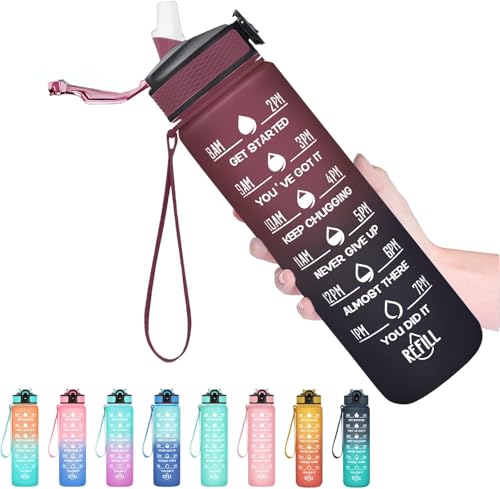 Image of TEKCOOL Motivational 1L Capacity Red Blue Plastic Bottle with Straw | Leakproof, Durable, BPA-Free | Ideal for School /College /Office /Travel, Sports /Outdoor Activities