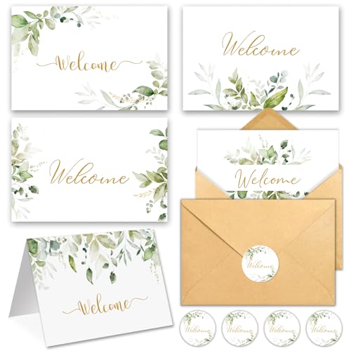 HiABNRT 25 Pack 4x6In Welcome Cards for Guests, New Employees with Envelopes, 5 Elegant Green Leaf Designs Greeting Bulk Cards for Business, New Home, Wedding, Baby Shower, Hotels, Birthday