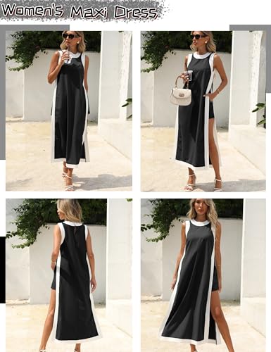 EsheSy Womens 2 Piece Sets Maxi Dress Matching Shorts Sleeveless Color Block Loose Boho Dress Outfits with Pockets2