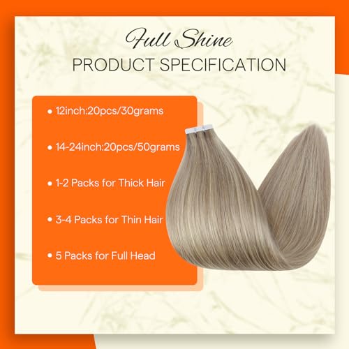 Image of Full Shine Invisible Tape in Hair Extensions Color 18 Ash Blonde Highlight 613 Blonde Tape in Real Human Hair Extensions 20Inch Seamless Straight Remy Silky Skin Weft 20 Pcs 50 Grams Add Length