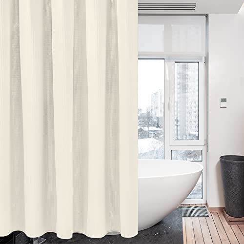 Waffel Duschvorhang mit Metall Duschvorhangringe Stoff Textil Badewannenvorhang Anti Schimmel Bad Vorhang Set Wasserdicht Badewanne Vorhang Schwerer Shower Curtain Badezimmer - 182 x 198cm (Creme)
