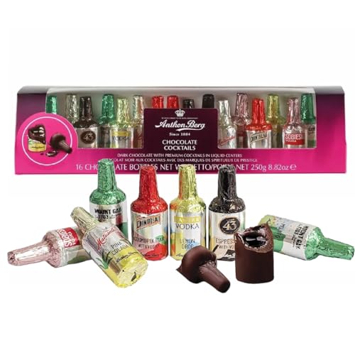 Anthon Berg Liqueur Chocolates Gifts - Luxury Dark Chocolate 16 Cocktails Miniature Alcohol Bottles 250g with Topline Card. Chocolate Selection Box for Stocking Fillers, Secret Santa Gifts