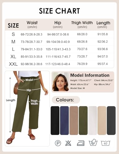 CMTOP Leinenhose Damen Weite Freizeithose mit Kordelzug und Taschen 7/8 Elastische Gerades Bein Sommerhose Bequeme Strandhose aus Baumwolle(Militärgrün,XL)