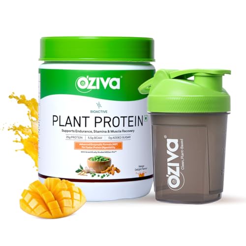 Image of OZiva Bioactive Plant Protein (Mango with Shaker) | 25g Protein, Pea Isolate| Vegan | No bloating, Easy to digest | All Essential Amino Acids| Plant Protein Powder | Clean, No Added Sugar, 500g