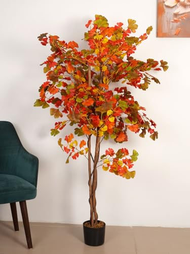 Image of ARICK DECOR 6Ft Artificial Ginkgo Tree in Pot, 6ft Realistic Faux Lush Orange Silk Biloba Plant, Peacock Shaped Large Floor Decor for Home, Office & Balcony