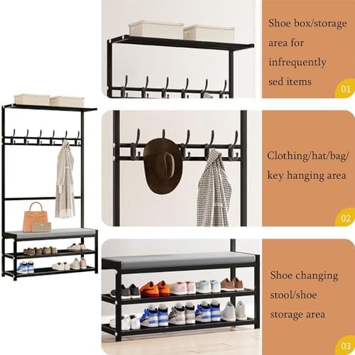 Industrial Hall Tree with Removable Hooks, 2-Tier Shoe Rack & Bench, Free-Standing Coat Stand, Entryway Storage Shelf for Living Room & Hallway nization