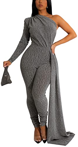 PaladMom Sexy Sparkly One Shoulder Long Sleeve Bodycon Jumpsuits for Women Dressy Casual Long Pants Stretchy Clubwear Party Ruched Romper With Belt Rope Silver