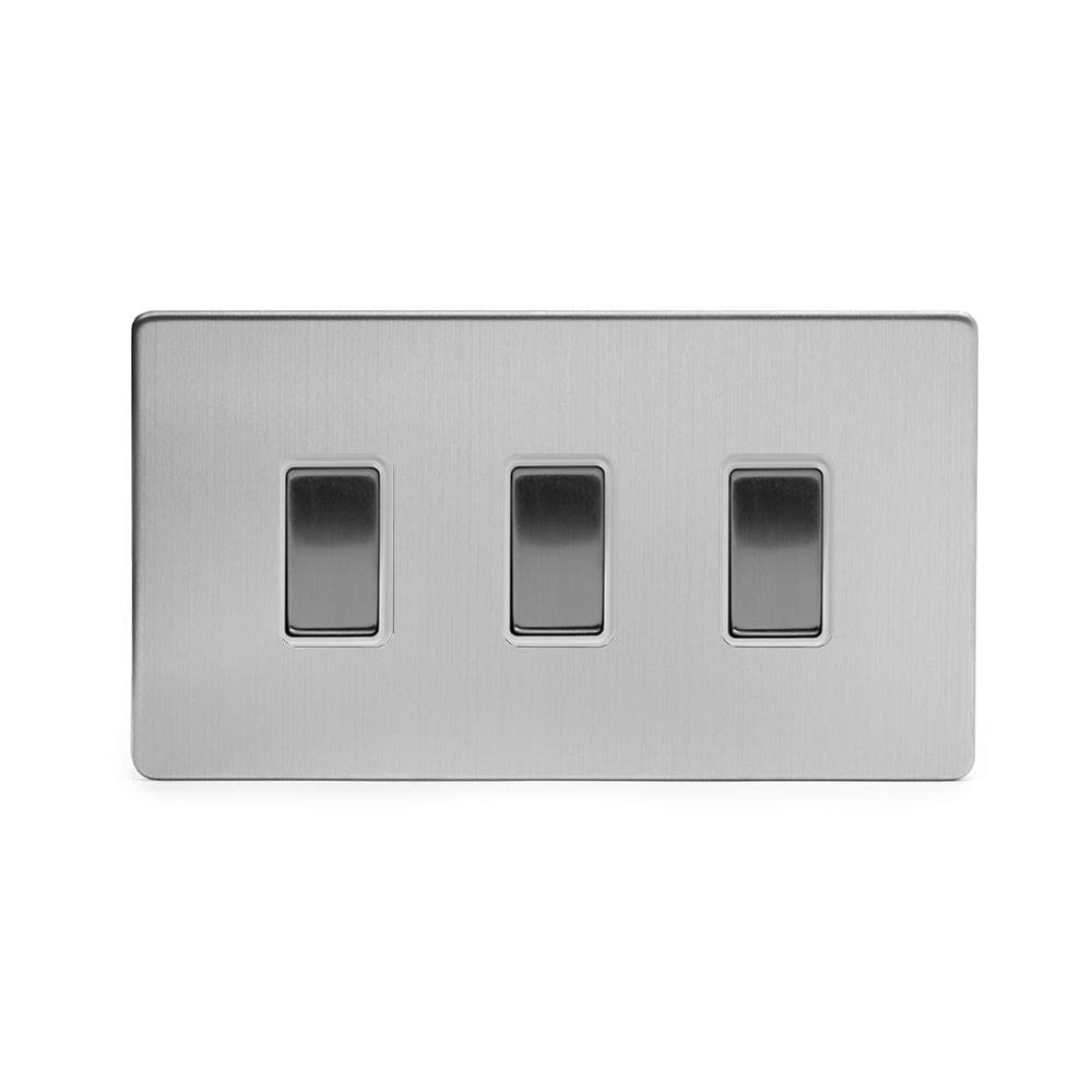 Soho Lighting Brushed Chrome 3 Gang Light Switch Double Plate Wht Ins Screwless