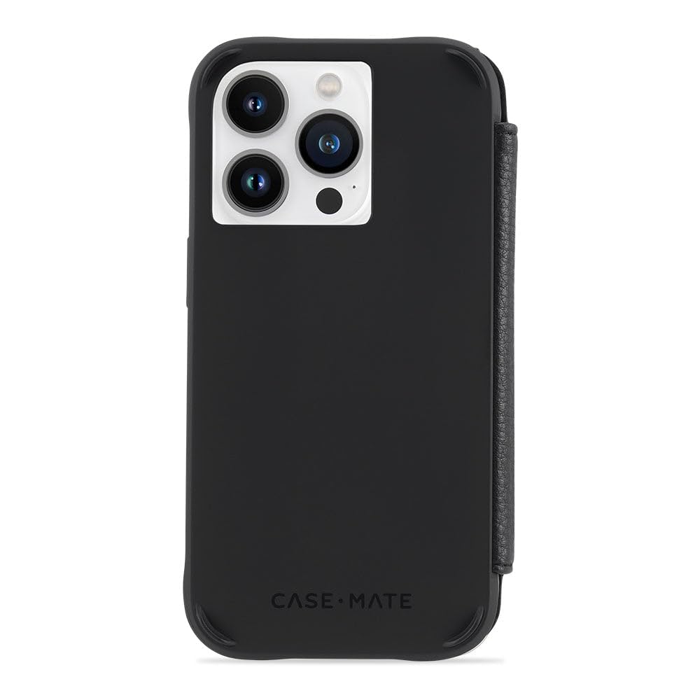 Photo 1 of Case-Mate Wallet Folio iPhone 14 Pro Case - Black [10ft Drop Protection] [Compatible with MagSafe] Magnetic Flip Folio Cover Made with Genuine Pebbled Leather, Landscape Stand, Cash and Card Holder