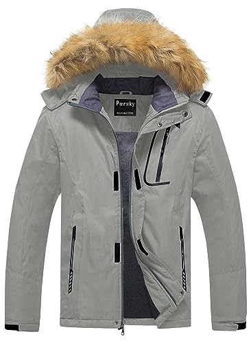 Image of Pursky Men's Waterproof Ski Jacket Winter Snow Coats Fur Hooded Raincoats Parka