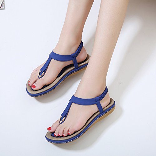 Meeshine Women's Bohemia Flip Flops Summer Beach T-Strap Flat Sandals Comfort Walking Shoes Blue US 8.5 - Thumbnail 6