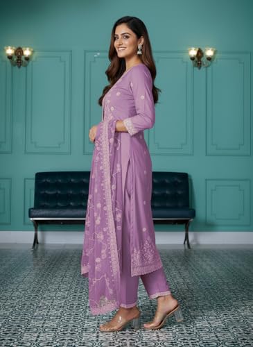 Image of SHIENZY Women's Embroidered Kurta Pant Set with Dupatta | Straight Kurta Set for Women | Ethnic Kurta Set for Women, Traditional Indian Kurta Pant Dupatta Set