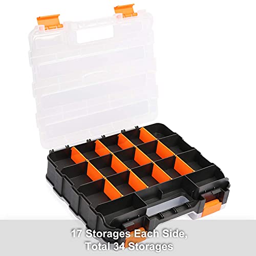 Mayouko Double Side Tools Organizer, Customizable Removable Plastic Dividers, Hardware Box Storage, Excellent For Screws,Nuts,Small Parts, 34-Compartment, Black/Orange,12.6"L X 10.6"W X 3.2"H #TOP3
