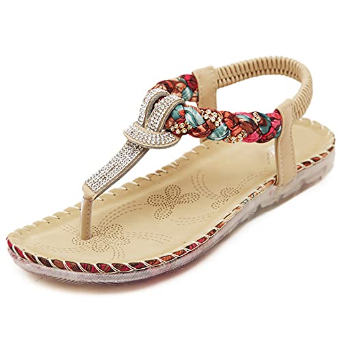 WECDS Sommersandalen Damen Böhmisch gewebtes Gummiband Große Größe Pu Flops Strand Komfortabel Verschleißfeste rutschfeste Flip Flops Bedruckte Flache Schuhe Travel Work Dating Shopping Cover