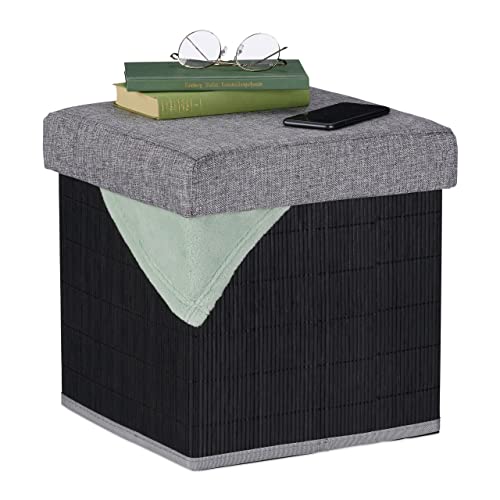 Pouf Contenitore Pieghevole Sgabello in bambù Poggiapiedi Imbottito HxLxP: 36 x 35 x 35 cm Fibra di Legno grigio nero
