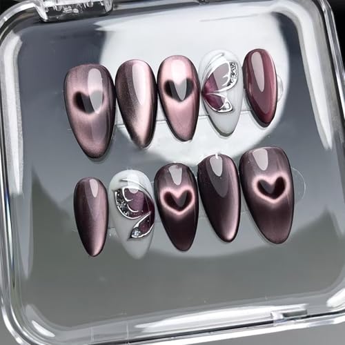 24Pcs Almond Press on Nails Medium Fake Nails with Designs Butterfly Stick on Nail Black Pink Acrylic False Nails Glossy Artificial Nail Full Cover Glue on Nails for Women