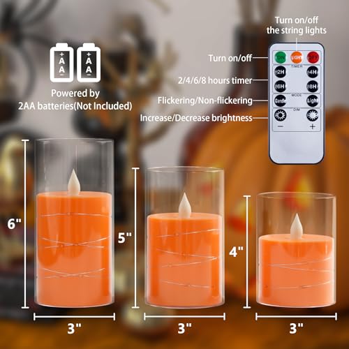 Image of Flameless Flickering 3 inch x4 inch 5 inch 6 inch Clear Plastic Orange 11-Key Remote Candles with Light Strings, LED Battery Operated Cycle Timer Pack of 3 Candles for Halloween Festival Decor