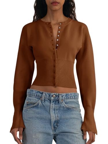Image of Saodimallsu Womens Cropped Sweaters Cardigan | Button Down,Long Sleeve,V Neck,Ribbed Knit,Slim Fit ,Pullover Crop Tops